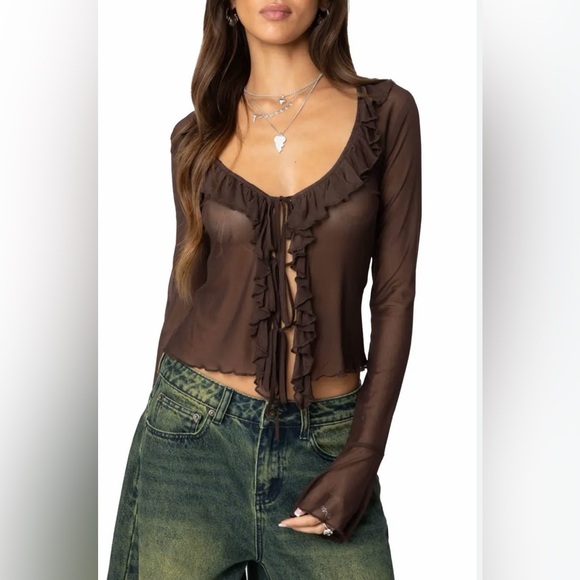 Edikted Tops - Edikted Chocolate Sheer Ruffle Blouse